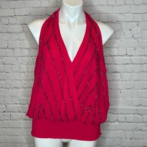 Venus Sexy Pink Halter Top with Beaded Embellishments Size 14
